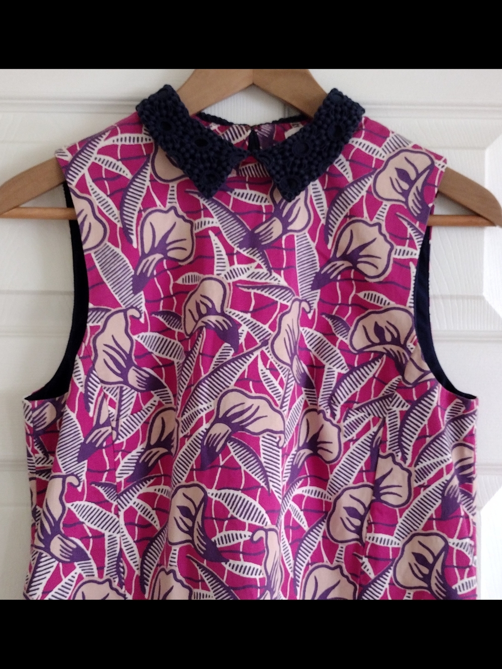 Club Monaco Pink and Purple Floral Dress with Navy Crochet Collar - Picture 2 of 9